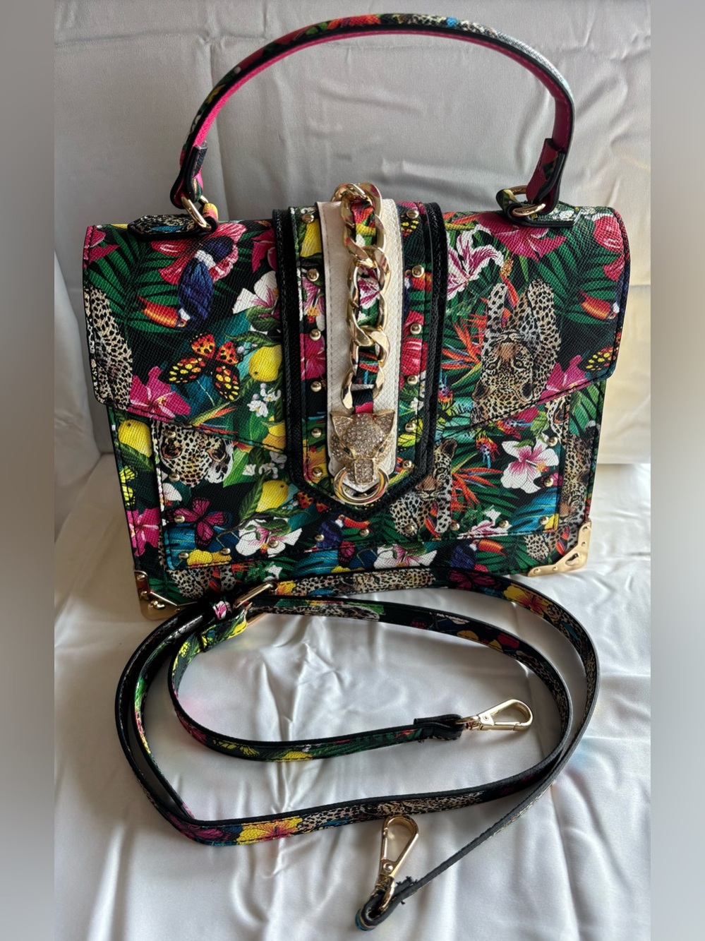 Aldo Baro Tropical Leopard-Print Satchel Bag rhinestone accent